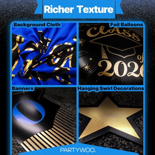 Graduation Decorations Class of 2026 Grad Party Supplies Set with Congrats Grad Backdrop Blue Banner Hanging Swirls Foil Latex Balloons Centerpieces Party Decoration Blue Black Gold 40pcs