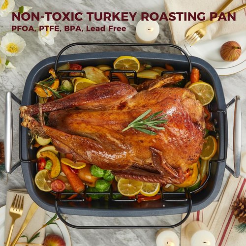 HONGBAKE Extra Large Nonstick Turkey Roasting Pan - 18.7" x 13.6" with Rack for 25 lb Turkey & Chicken | Heavy Duty Steel, Gray