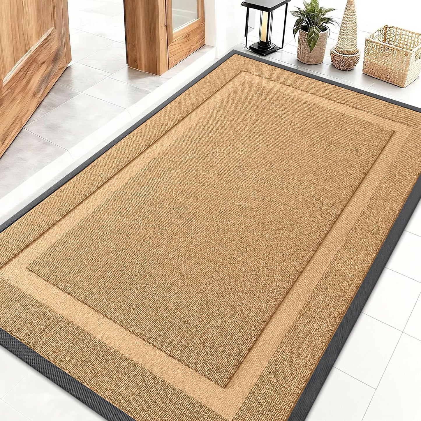 OLANLY Waterproof All-Season Front Door Mat - Sturdy Natural Rubber, Easy Clean, 47x32, Butter Yellow