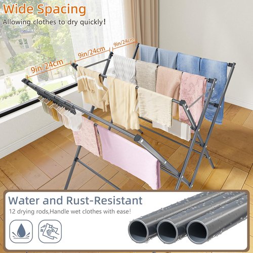 HOMIDEC Drying Rack - Large 12-Pole Foldable Laundry Rack with Sock Clips | Portable Indoor/Outdoor Use, Silver