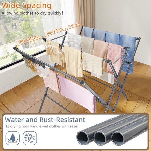 HOMIDEC Drying Rack Clothing,Large 12 Drying Poles with Sock Clips Clothes Drying Rack,Foldable Portable Laundry Drying Rack for Air Drying Clothing,Towels,Delicate Eac,Indoor Outdoor Use.Silver