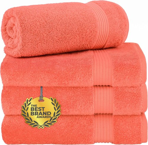 Cotton Paradise 4 Piece Turkish Bath Towels - Extra Large Soft Plush Set in Coral