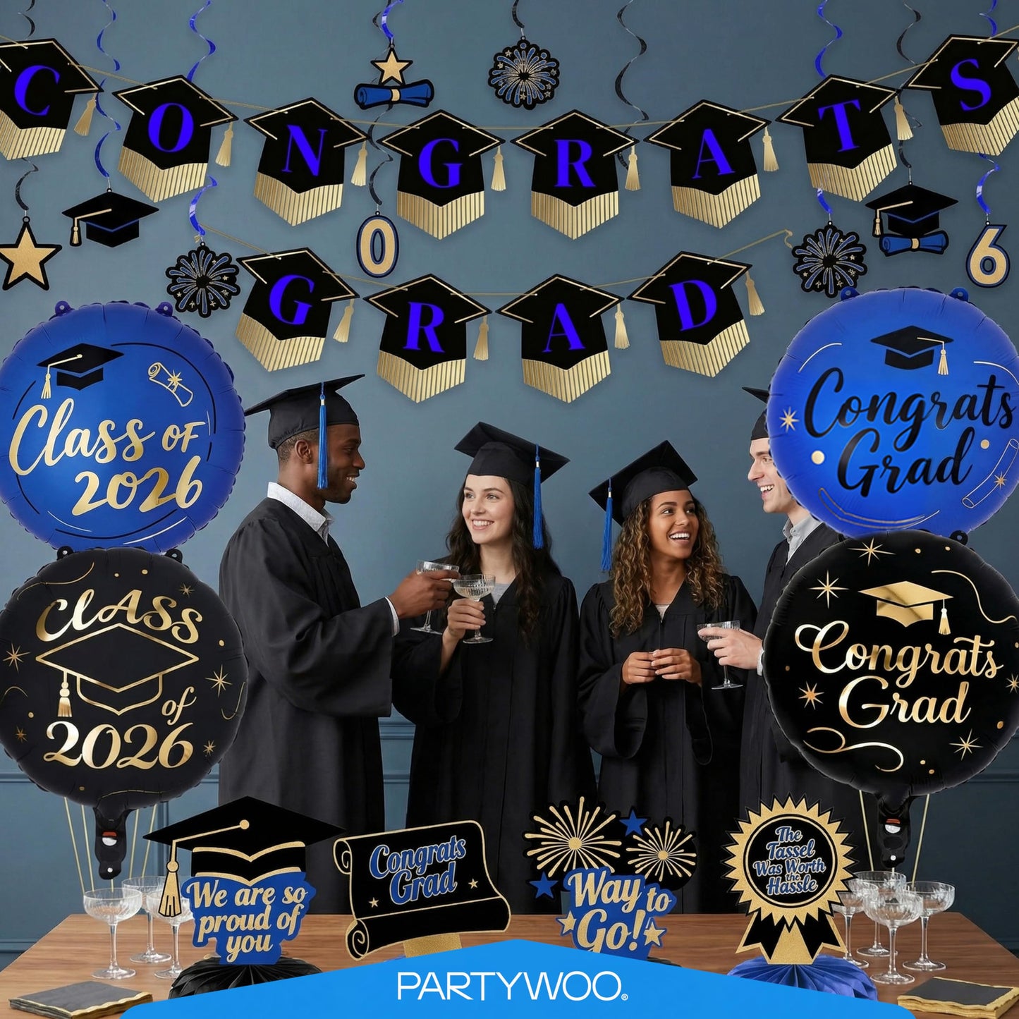 PartyWoo Graduation Decorations Class of 2026 Black Gold Blue 19pcs Grad Party Supplies with Congrats 2026 Grad Banner Hanging Swirls Foil Balloons Graduation Cap Centerpieces Party Decorations