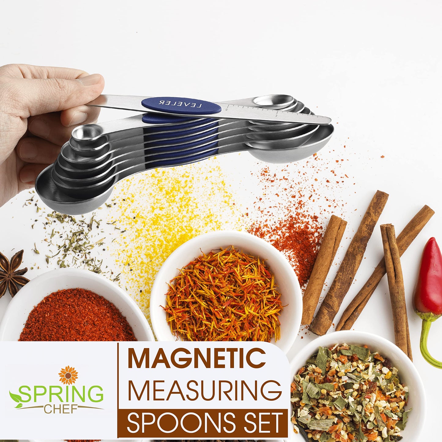Spring Chef Magnetic Measuring Spoons Set, Dual Sided, Stainless Steel, Fits in Spice Jars, Sapphire, Set of 8, 2 Pack