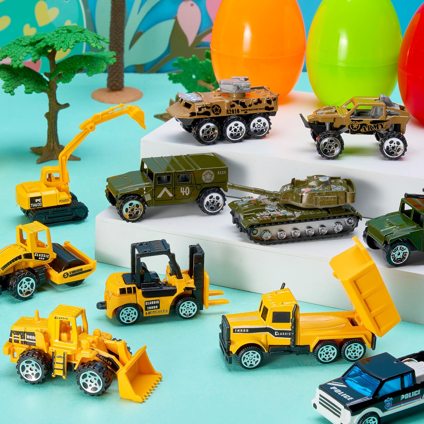 JOYIN 12 Pcs Prefilled Easter Eggs with Die-cast Vehicles, Basket Stuffers for Kids, City Cars and Trucks Toy for Easter Egg Hunt, Party Favors for Boys, Goodie Bag Fillers, Class Prize Supplies Gifts
