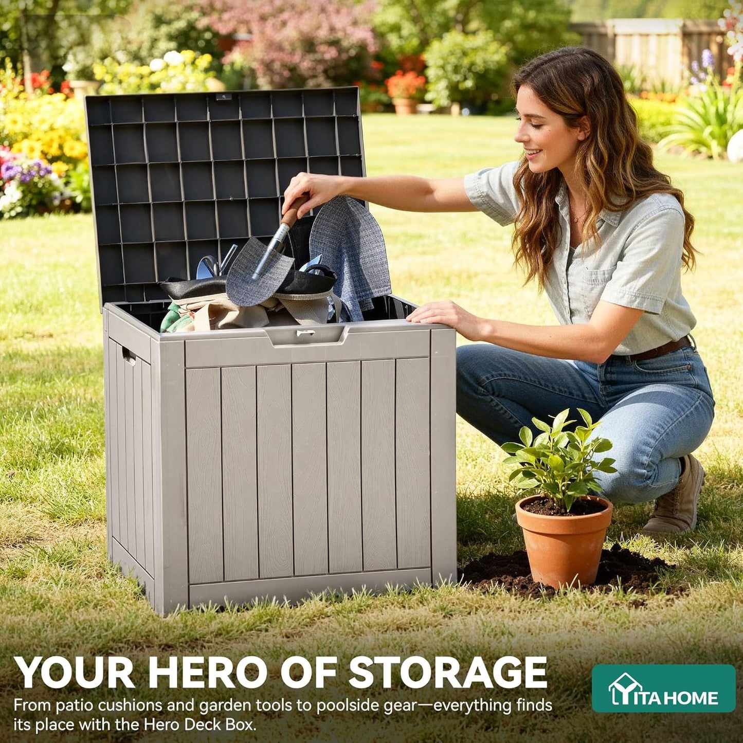YITAHOME Outdoor Storage Deck Box - 31 Gallon Waterproof Resin with Lockable Lid | Taupe for Patio & Garden