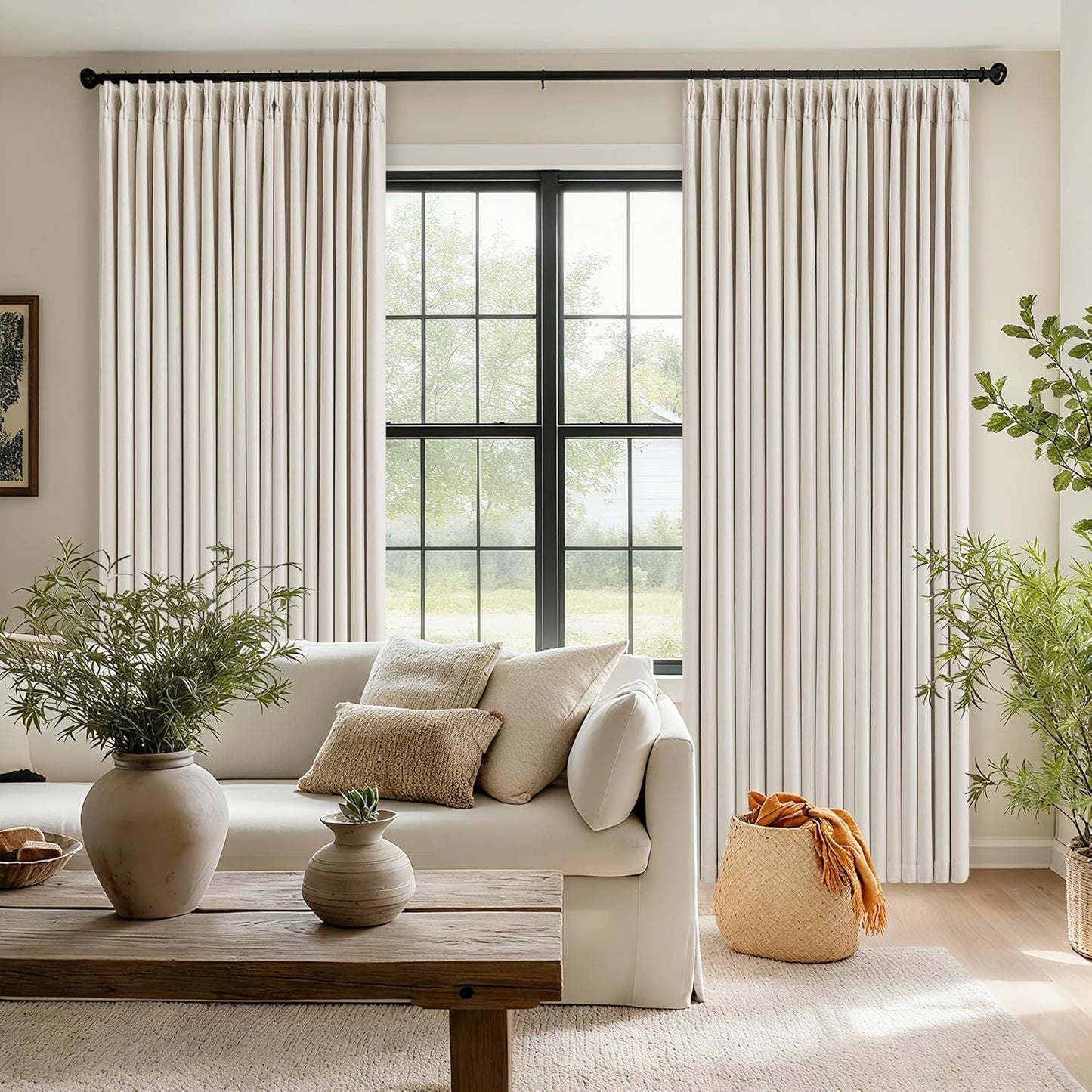 Skiennix 100% Blackout Linen Curtains - 96 Inch Length | Light Blocking Dual Layer Drapes in Cream Ivory