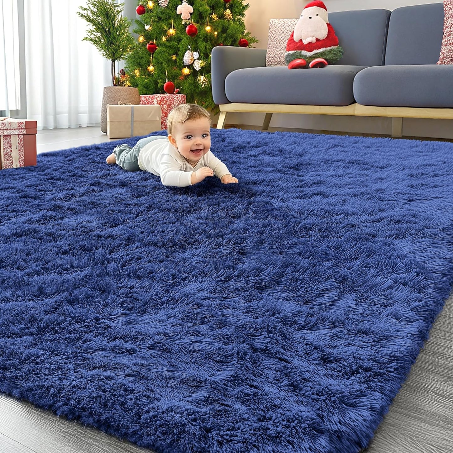 OLANLY Large Area Rug - Soft Fluffy Shaggy Carpet for Living Room & Bedroom | 8x12 Navy Blue