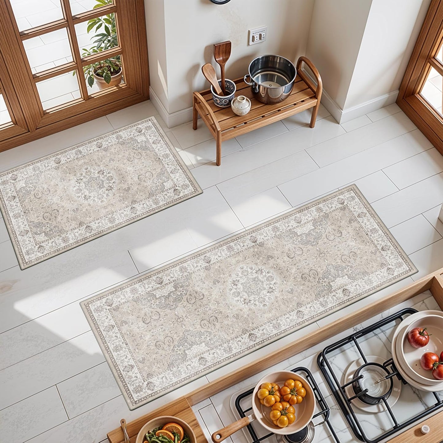 Skiennix Kitchen Runner Rug Set - Washable Non-Slip Floor Mats for Sink & Stove | Soft Low Pile, Water-Resistant (2x3 + 2x4, Beige)