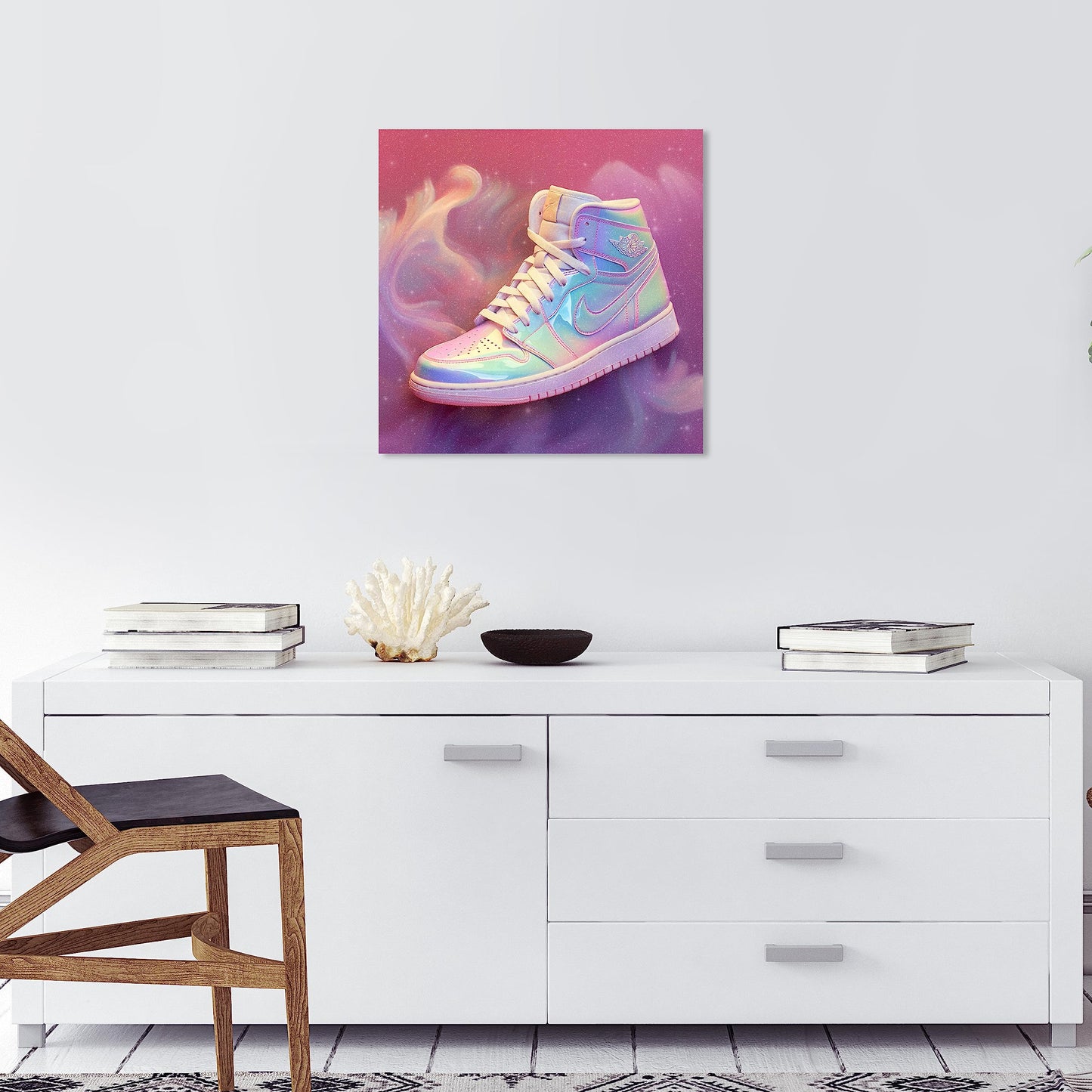 Wynwood Studio Fashion and Glam Contemporary Canvas Art - Holo Dreams Sneaker, Wall Art for Living Room, Bedroom, and Bathroom, 20 in x 20, Pink and Purple Home Decor