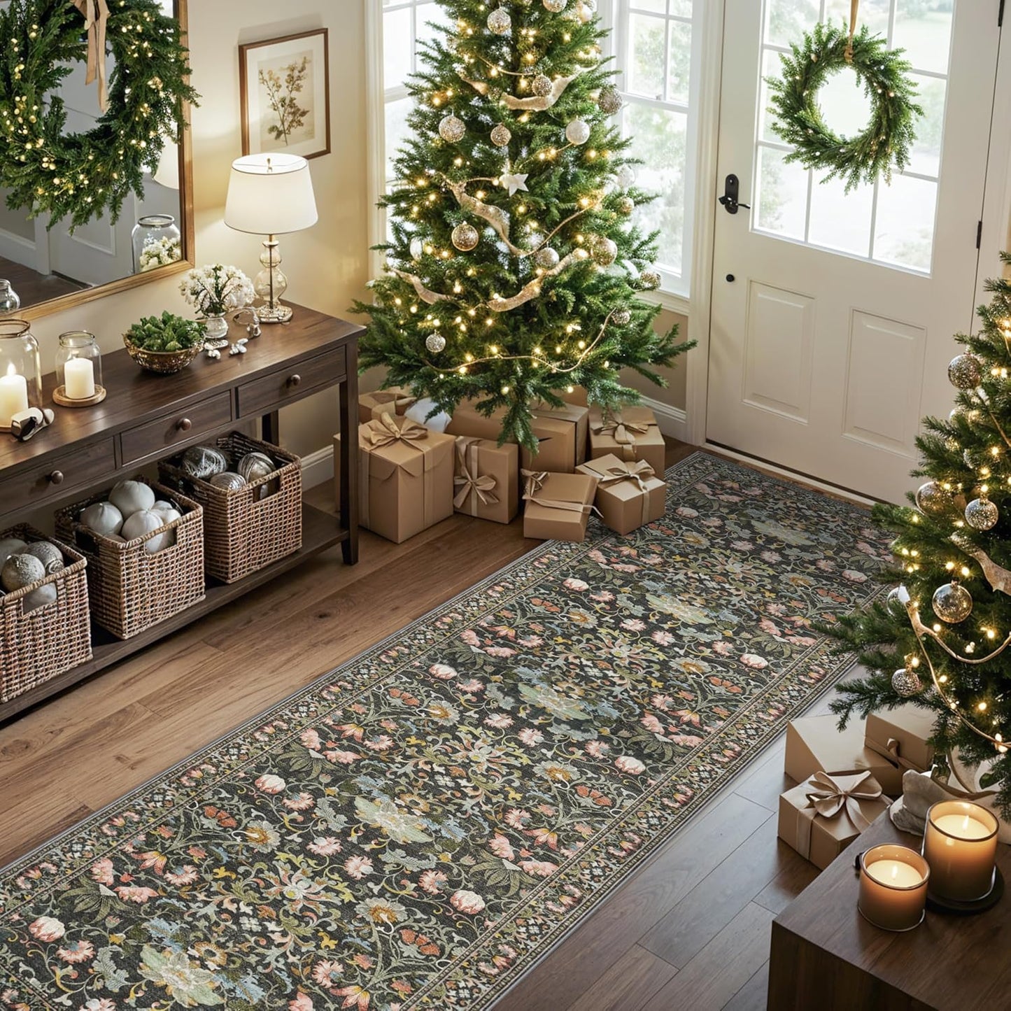 Skiennix Washable 2x8 Hallway Runner Rug - Vintage Water-Resistant, Ultra Soft, Non-Slip Backing | Green