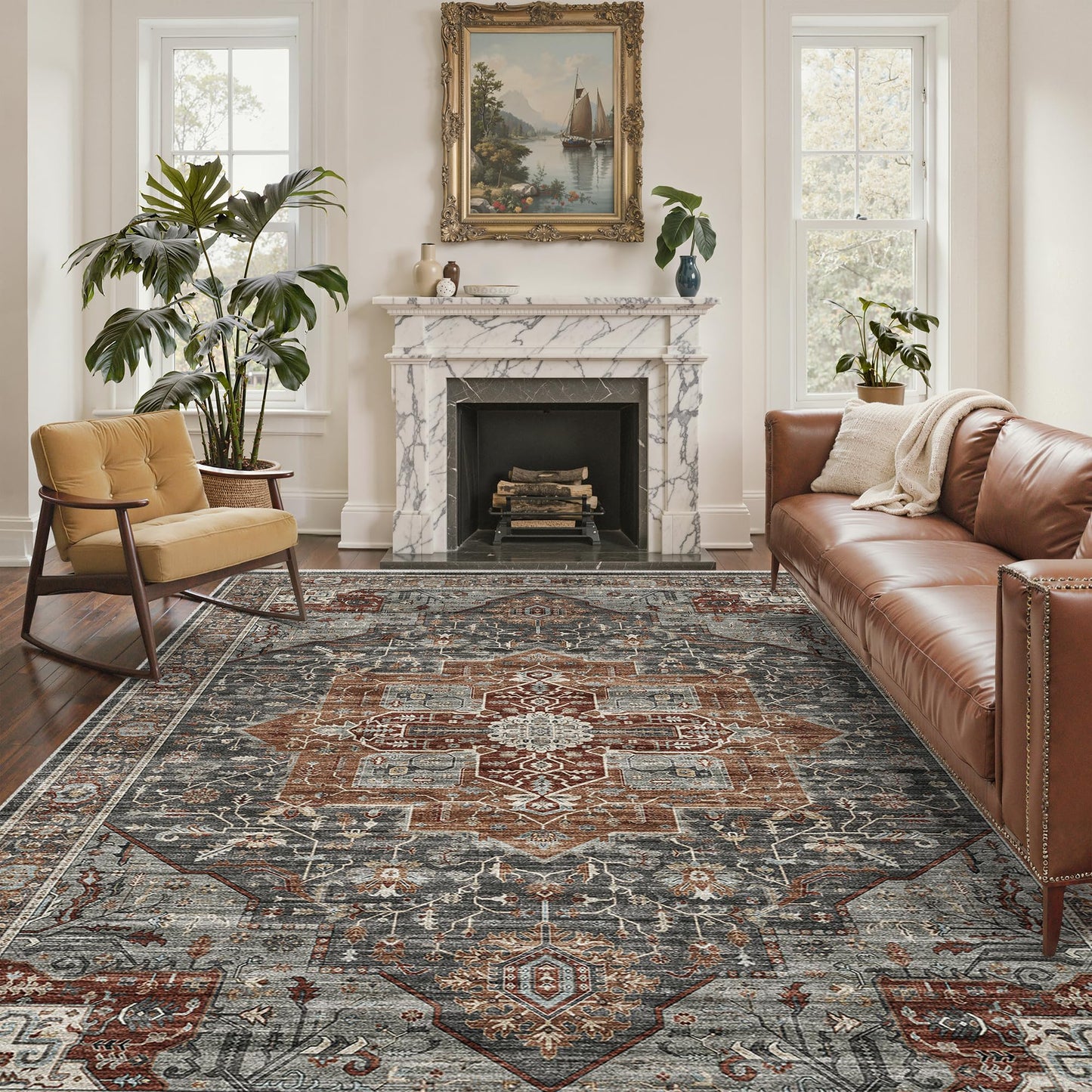 Roxstand 5x7 Area Rugs, Stain Resistant Machine Washable Area Rugs with Non-Slip Backing, Vintage Rugs for Bedroom, Living Room, Large Soft Low Pile Area Rug (Grey/Brown/Tan, 5'x7')