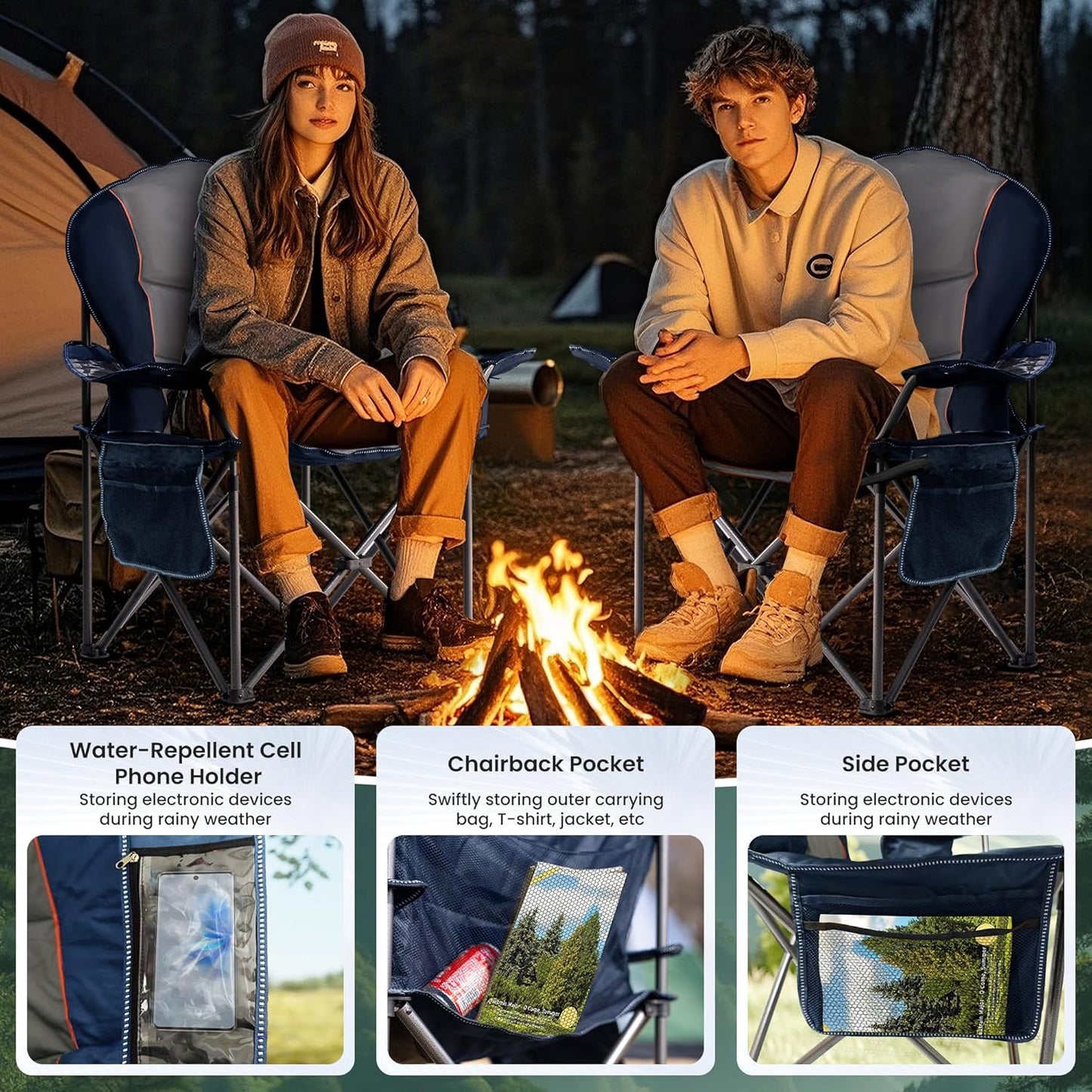 Skiennix Oversized Camping Chair - Heavy Duty Portable Folding Design with Cup Holder & Waterproof Phone Case | Blue & Gray, XL
