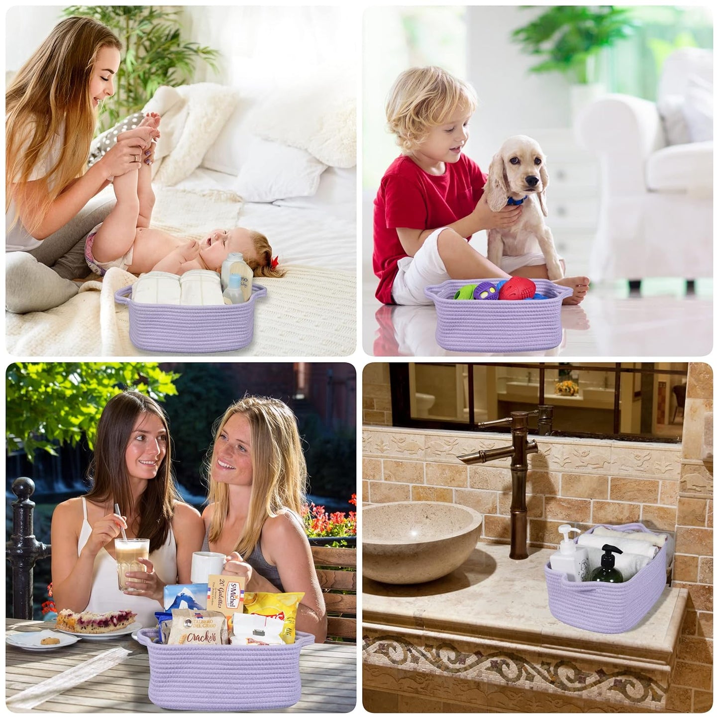 XUANGUO Woven Cotton Rope Storage Basket - Decorative Rectangle Toy Bin with Handles | Light Purple