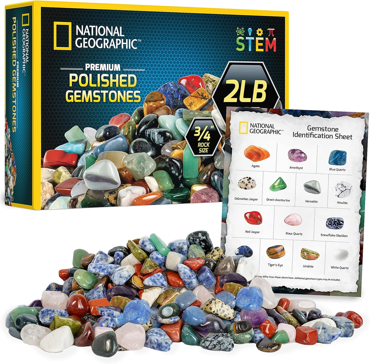 National Geographic Premium Polished Stones - 2 Pounds of Tumbled Crystals for Kids | STEM Rock Kit