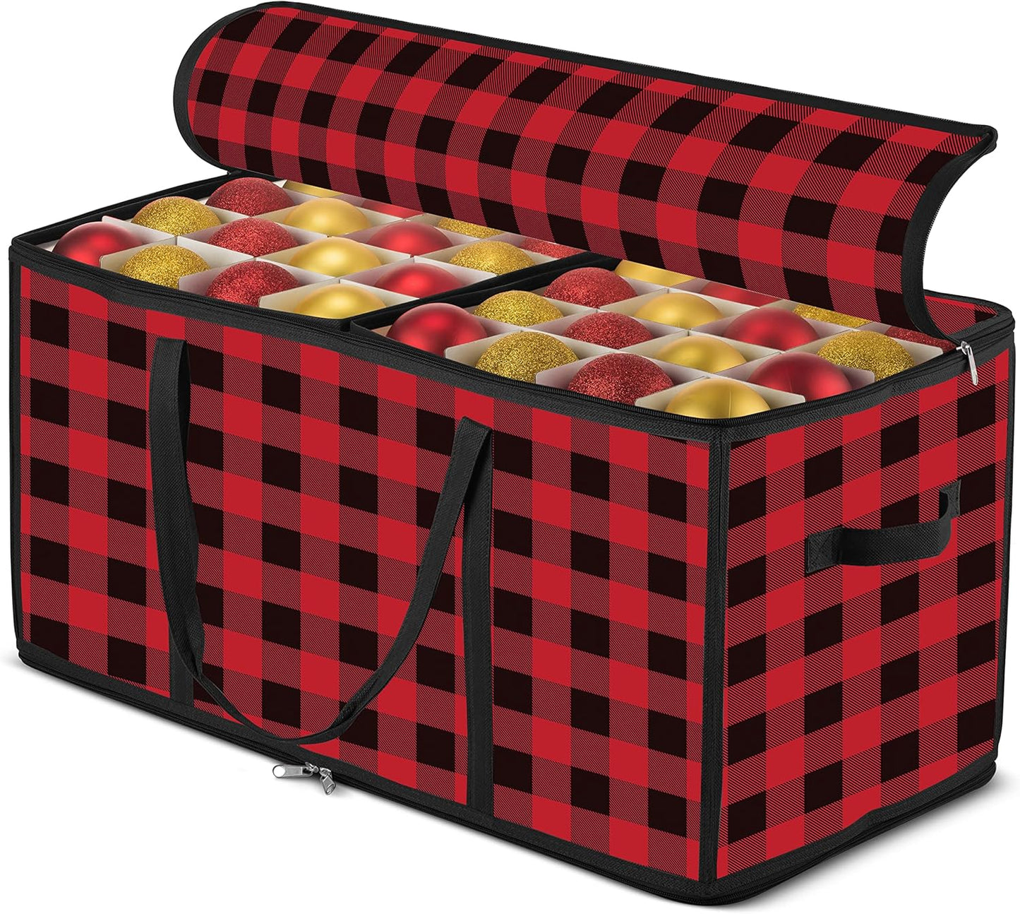 ZOBER Christmas Ornament Storage Box - Durable Plastic Organizer for 128 3" Ornaments - Plaid Design