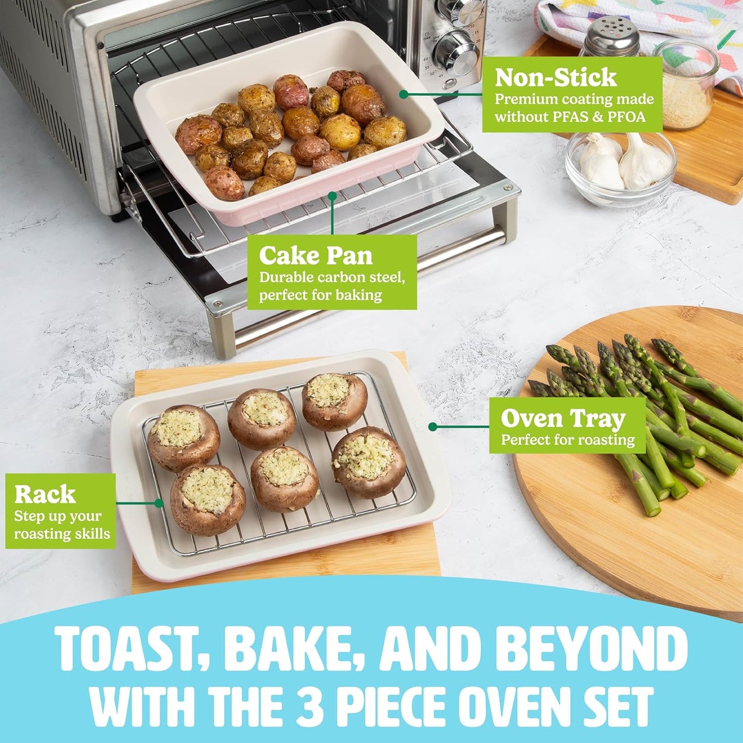 Tasty Nonstick Baking Set - 3-Piece Carbon Steel Toaster Oven Bakeware in Pink