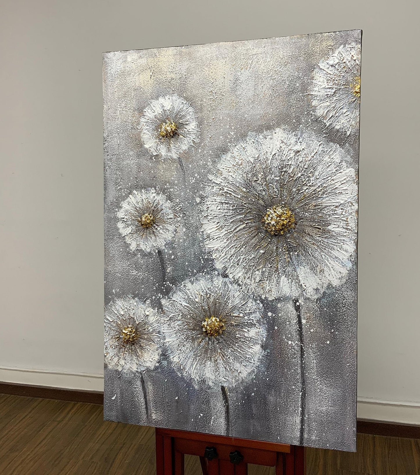 Boieesen Art,24x36Inch 100% Hand Painted Minimalist Dandelion Oil Painting White Wildflowers Wall Art Grey and Gold Floral Canvas Paintings Neutral Landscapel Artwork Oil Hand Painting for Living Room