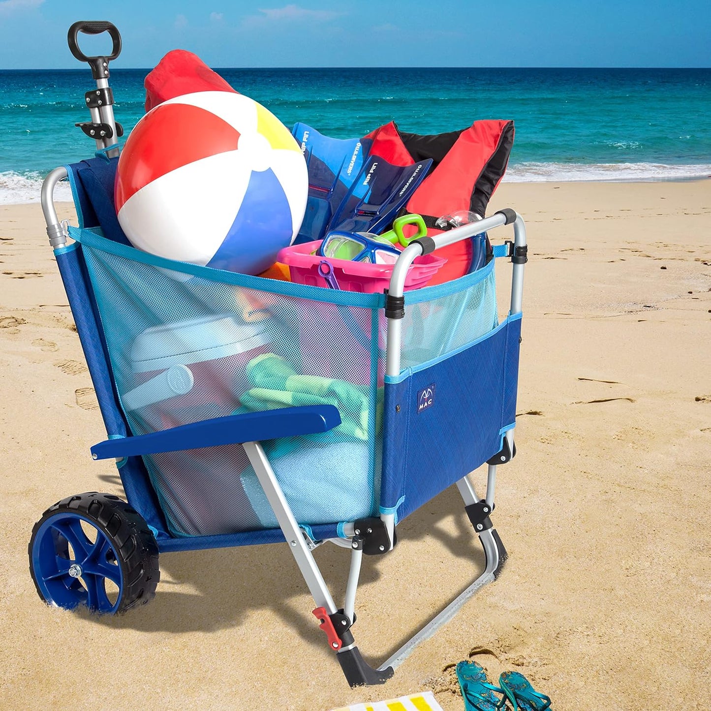 Mac Sports Foldable Beach Lounge Chair with Integrated Wagon Cart - Heavy Wheels for Easy Transport