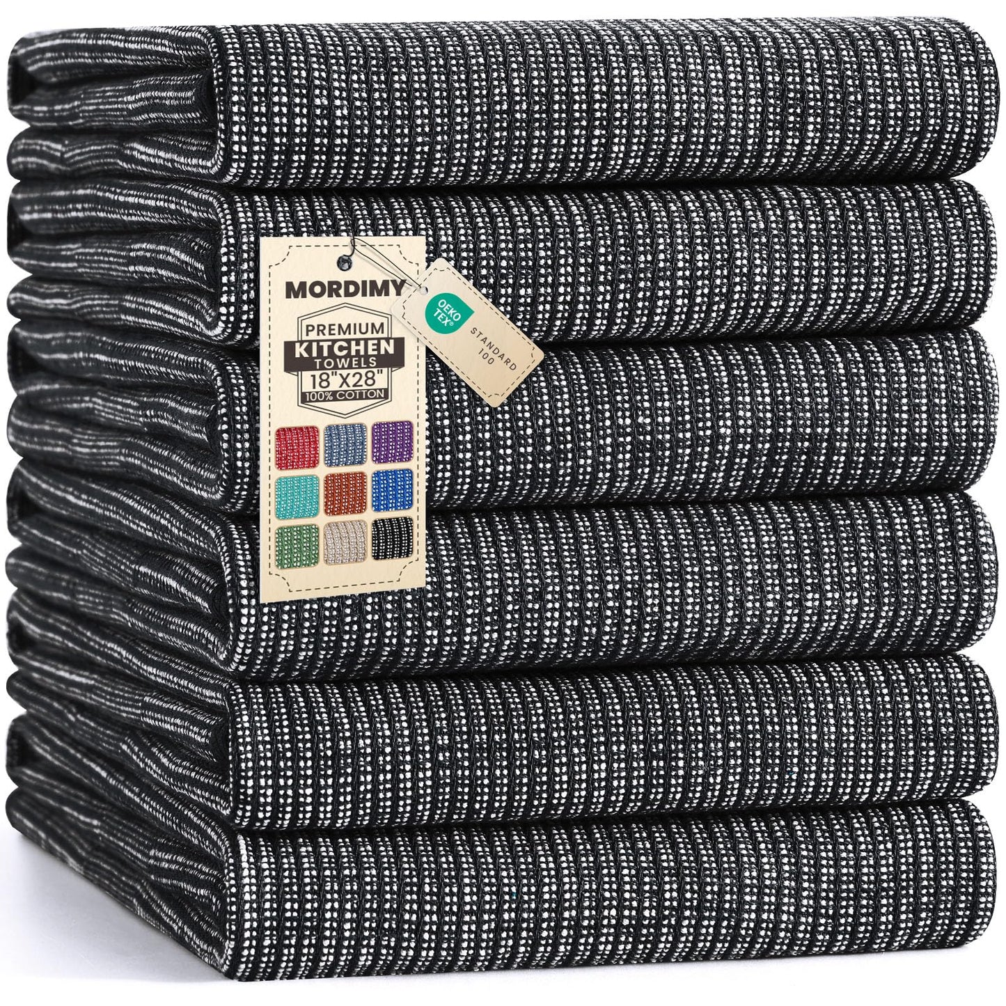 Mordimy Premium Kitchen Towels 6 Pack (18 x 28 Inches, Black), Large Cotton Kitchen Hand Towel, Flat & Terry Dish Towels for Drying Dishes, Super Absorbent Tea Dishtowels Set with Hanging Loop