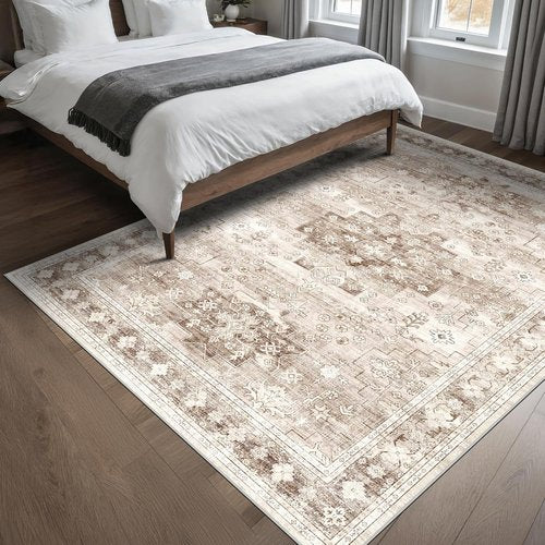 Hazo Haus Washable Area Rug - Non-Slip Boho Vintage Floral Design | 5x8 Beige/Latte for Living Room & Nursery