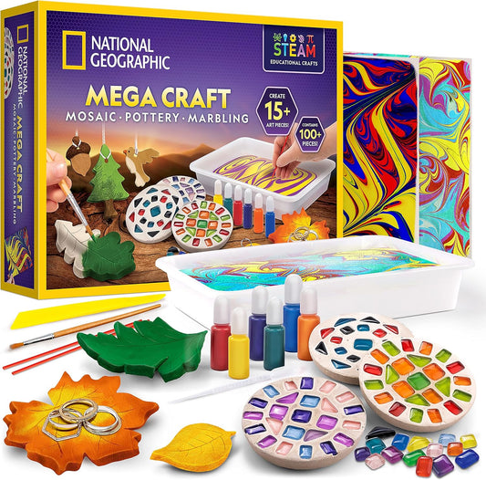 National Geographic Mega Arts and Crafts Kit - Mosaic, Marbling Paint & Air Dry Clay Projects for Kids Ages 8-12