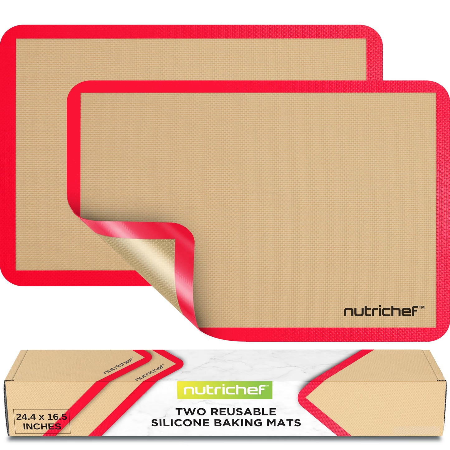 Nutrichef Silicone Baking Mats - 2 Non-stick Food-Grade Silicone Mats - Perfect for Full Baking Pans 24.4 x 16.5 IN - Oven-safe Up to 480 Degrees F - Suitable for Ovens, Freezers, & Dishwashers - Red