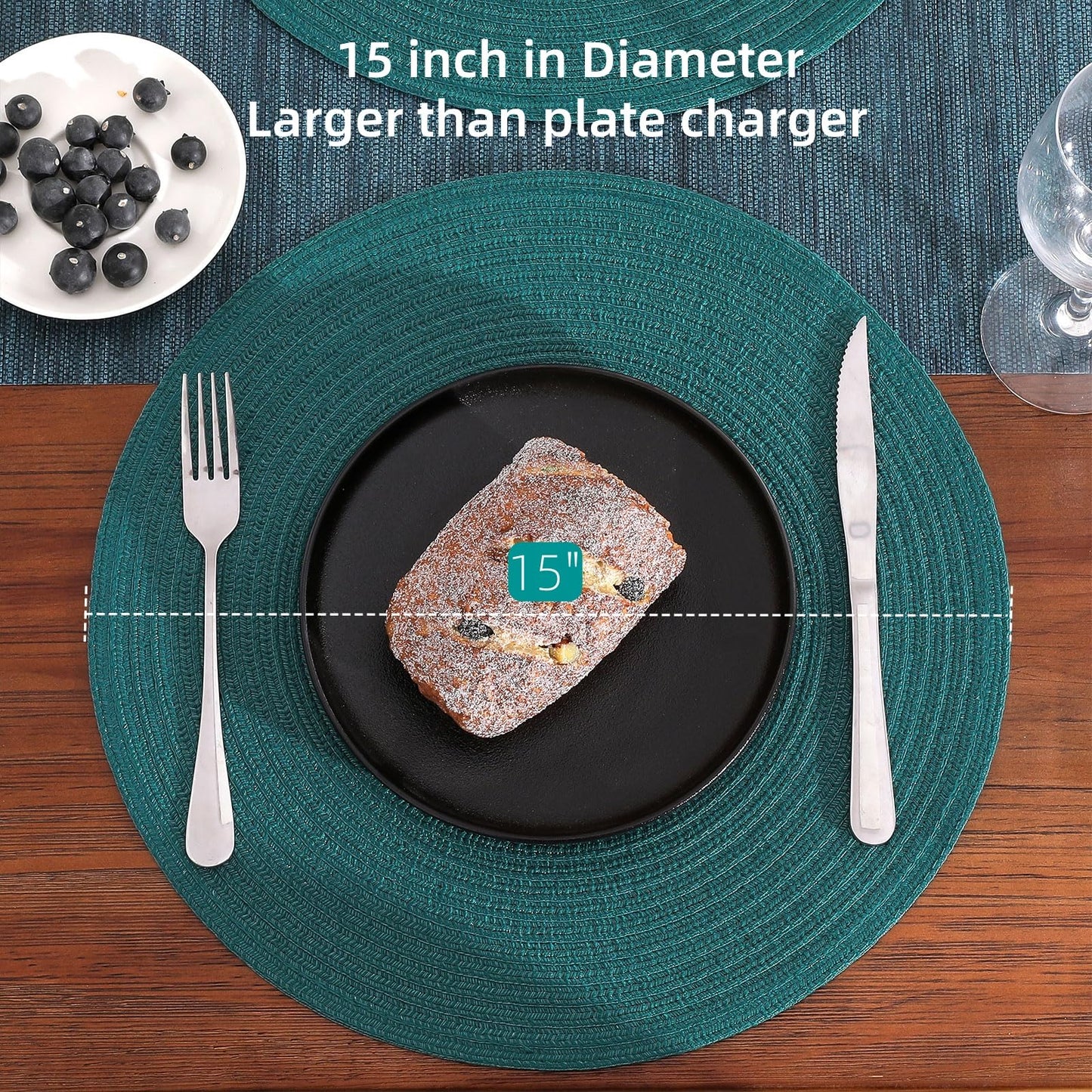 SHACOS Round Placemats Set of 8 Woven Braided Table Placemats 15 inch Circle Place Mats Washable Non Slip Table Mats for Home Wedding Party, Teal Green