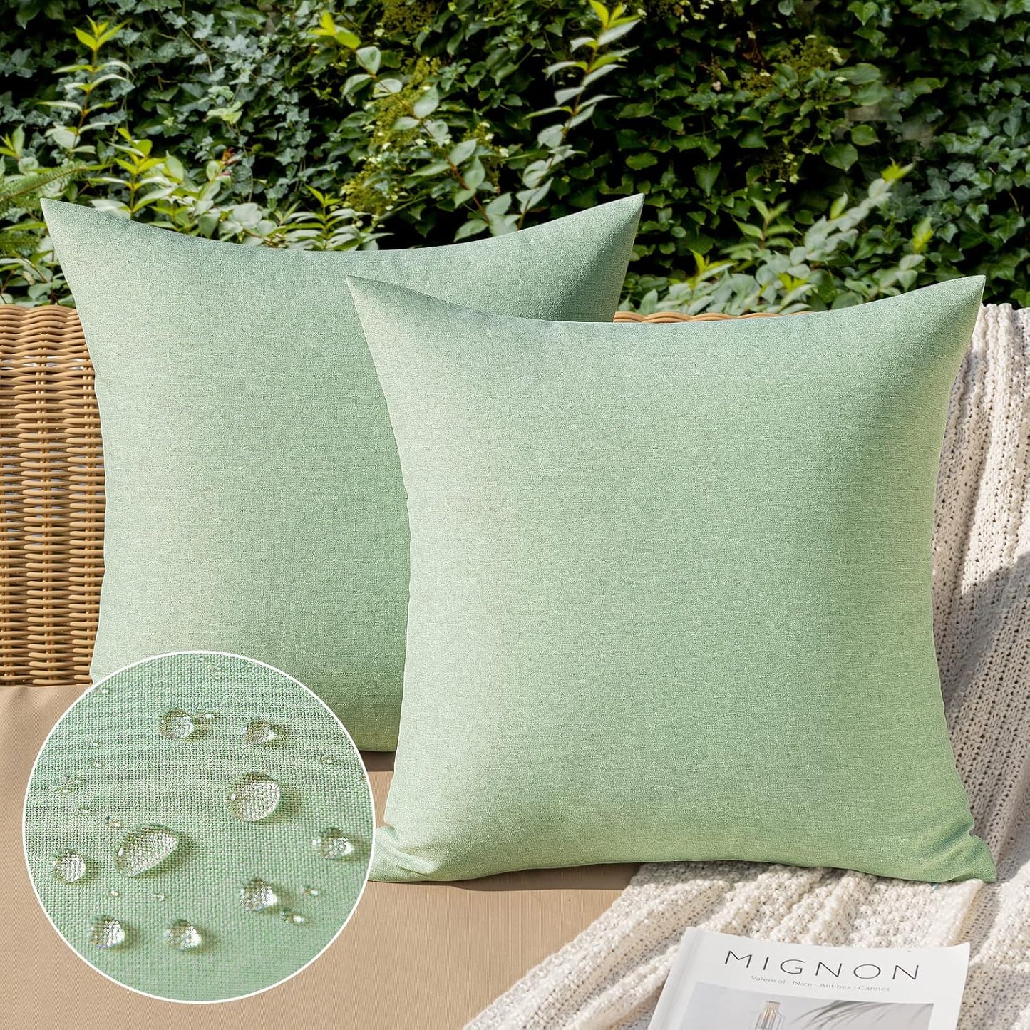 MIULEE Decorative Outdoor Throw Pillow Covers - Waterproof Faux Linen Cushion Cases | 18x18 Inch Sage Green (Pack of 2)