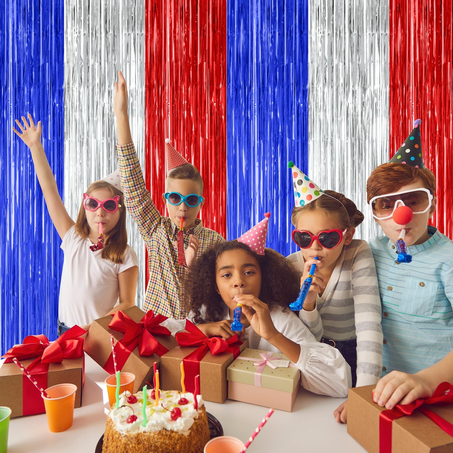 12 Pack Christmas Party Backdrop, 3.28 FT x 7.05 FT Red Silver Green Foil Streamer, Metallic Fringe Curtains Tinsel Streamer, Hanging Christmas Decorations Picture Props Door Decor