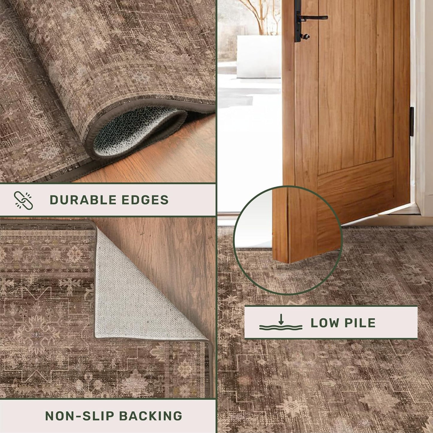 Regine Switzerland Brown Washable Long Runner Rug - Non-Slip Rubber Backing | 2x10 ft Boho Vintage Design