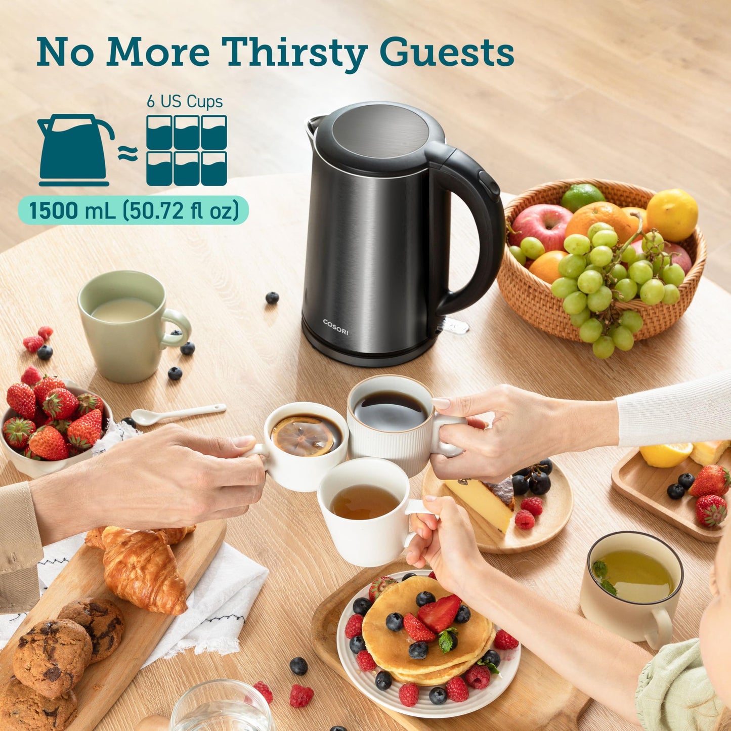 Cosori Electric Kettle, No Plastic Inner Lid, Filter & Spout, Stainless Steel Tea Kettle, Automatic Shut Off & Boil-Dry Protection, Durable Tea Kettle Boiler & Heater, 1.5L/1500W, Black