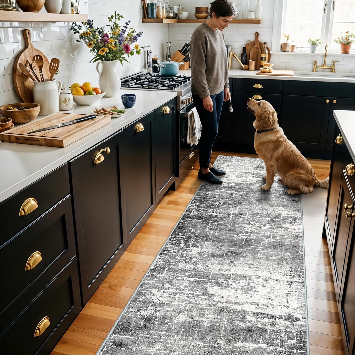 Skiennix Washable Kitchen Area Rug - Soft Non-Slip Abstract Runner for Living Room & Bathroom | 2x10 ft, Black/Grey