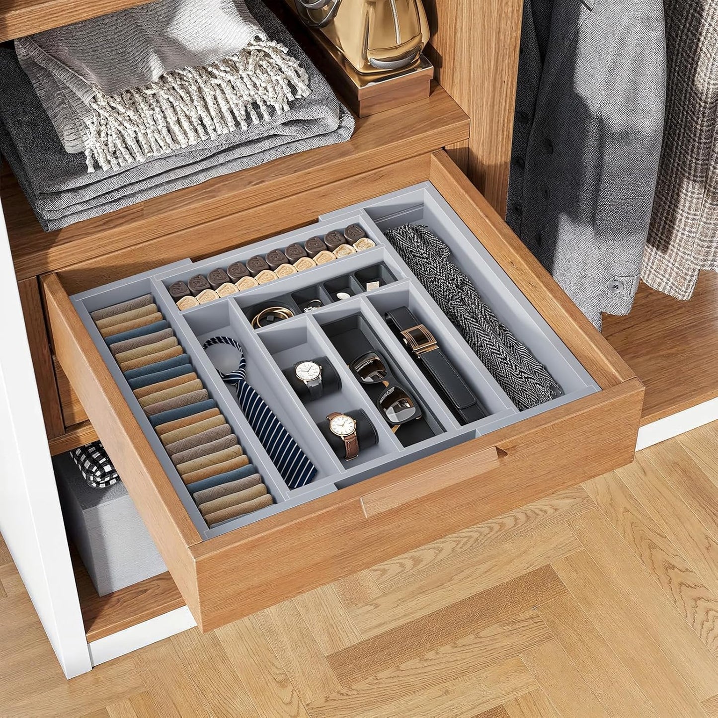 Pipishell Bamboo Drawer Organizer - Adjustable Utensil Holder & Cutlery Tray | Grey Wood Dividers