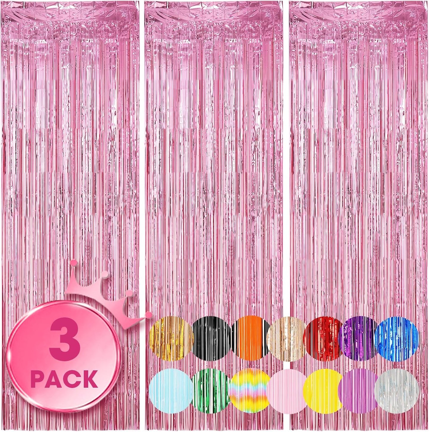 Voircoloria Light Pink Foil Fringe Backdrop Curtains - 3 Pack Tinsel Streamers for Parties & Events