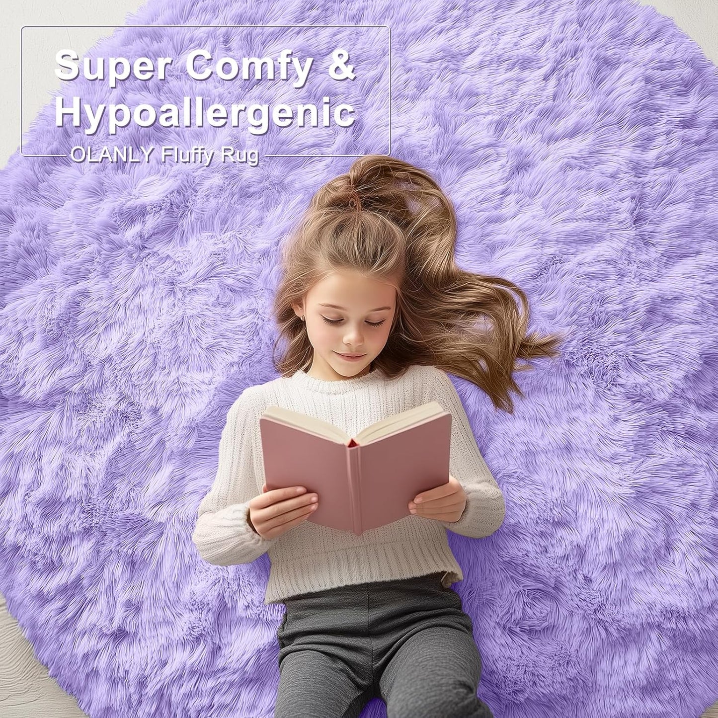OLANLY Round Light Purple Area Rug - Soft, Fluffy, Machine Washable 4 ft Carpet for Bedroom & Nursery Decor