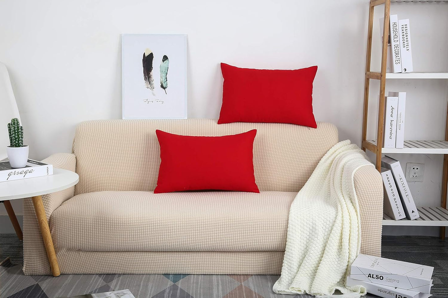 Red 100% Cotton Canvas Throw Pillow Covers - Handmade Decorative 12"x20" Shams