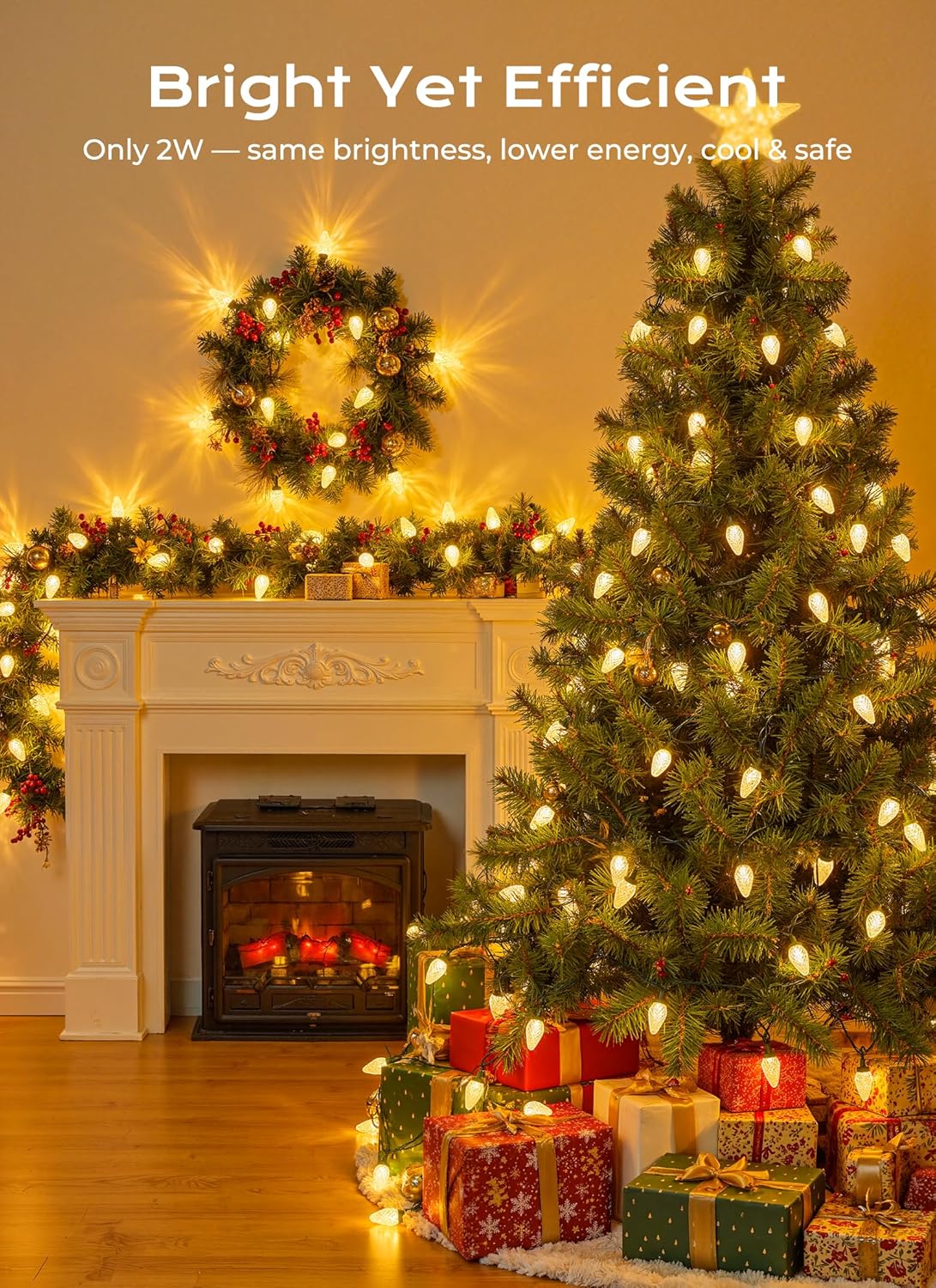 C9 Christmas Lights - 72 FT Connectable LED String Lights | 8 Modes & Timer - Waterproof Warm White Decor