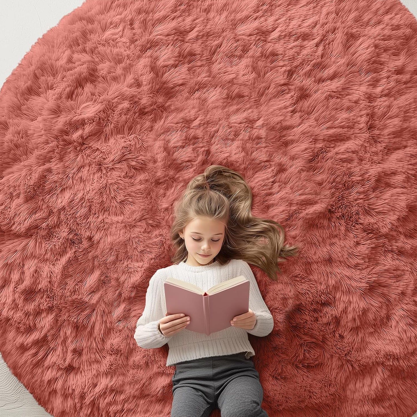OLANLY Round Rust Red Area Rug - Soft, Fluffy, Machine Washable 7 ft Circle Carpet for Bedroom & Living Room Decor