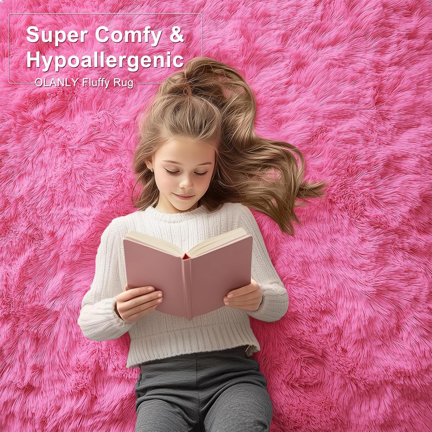 OLANLY Large 5x7 Machine Washable Area Rug - Soft Fluffy Shaggy Carpet for Kids & Home Decor | Hot Pink