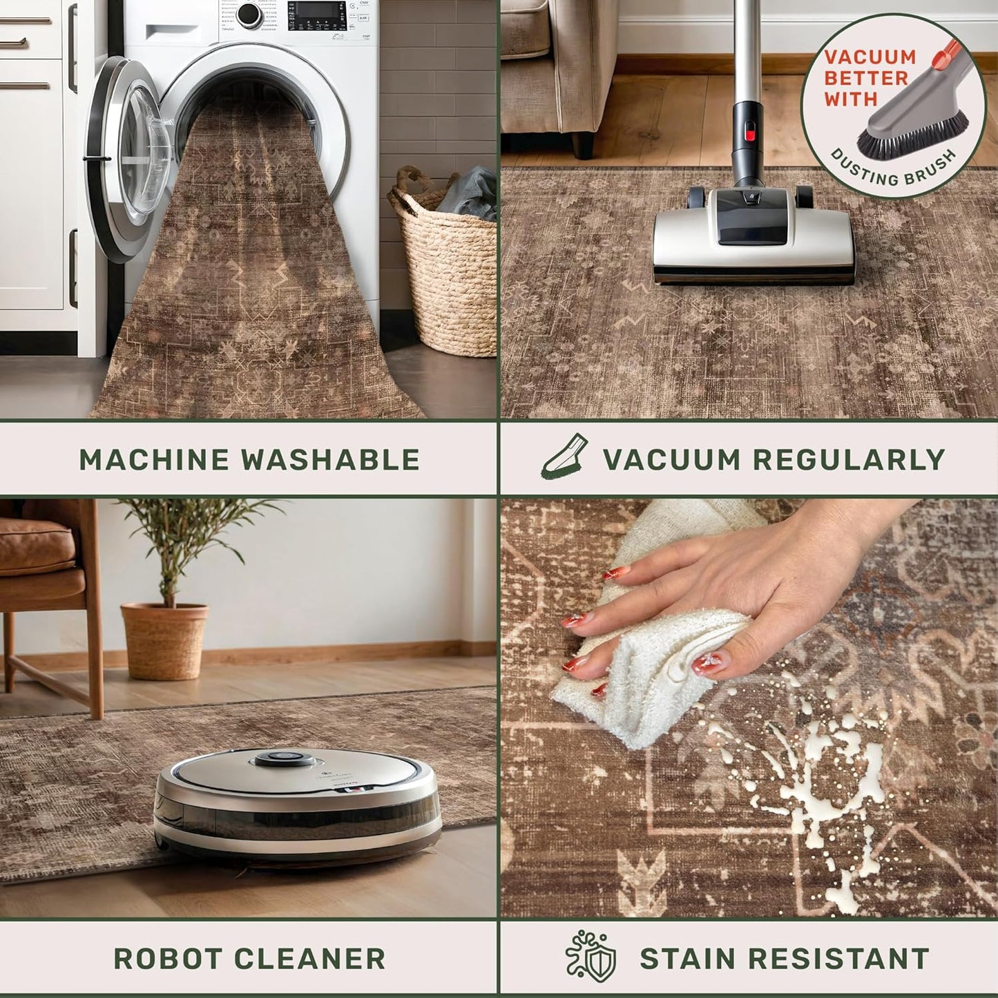 Skiennix Brown Boho Washable Runner Rug - Pet & Kids Friendly, Non-Slip, Soft Faux Wool | 2x6 ft