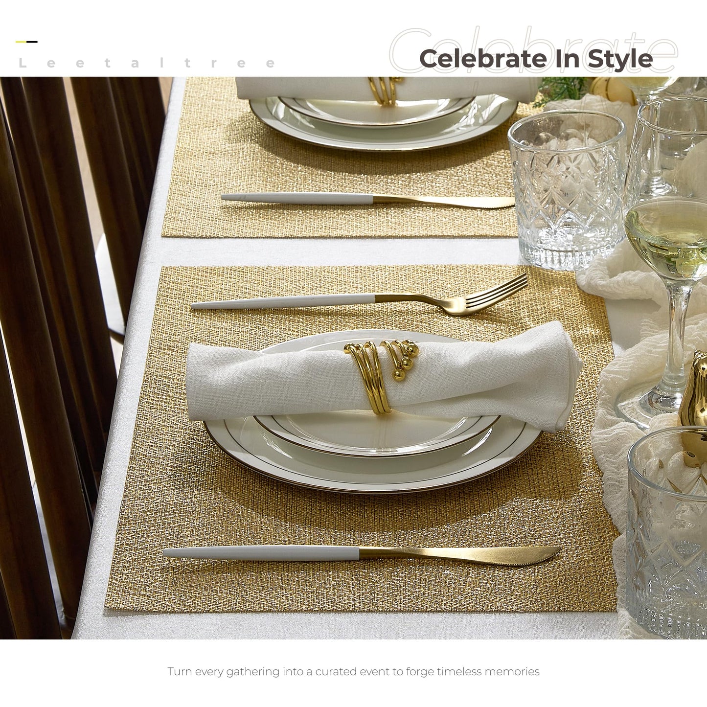Leetaltree Gold Placemats Set of 4 - Heat Resistant Non-Slip Place mats for Dining Table, Washable Durable PVC Vinyl Woven Table Mats(Luxury Gold, 4)