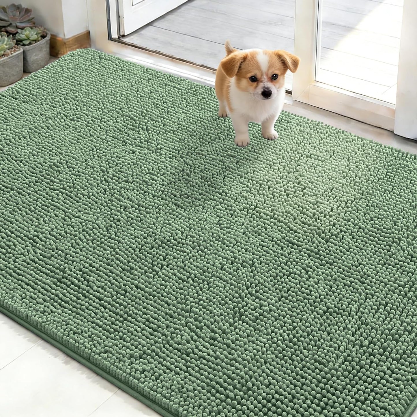 OLANLY Dog Door Mat - Absorbent Non-Slip Chenille for Muddy Paws | 48x30 Inches, Quick Dry, Olive Green