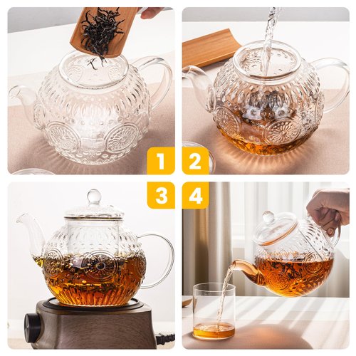 Bandesun Vintage Glass Teapot, Tea Kettle with Removable Infuser 32OZ/1000ml, Borosilicate Glass Pot -Stovetop Safe, Blooming & Loose Leaf Tea Maker Set