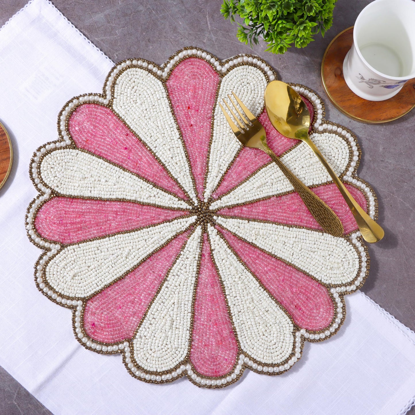 Decorative Beaded Table Mat - 13-Inch Placemat for Dining & Coffee Tables - Handcrafted Beaded Charger Plate - Elegant Place Mat for Dinner Parties & Home Décor (Pink White) - ALPHA Living HOME