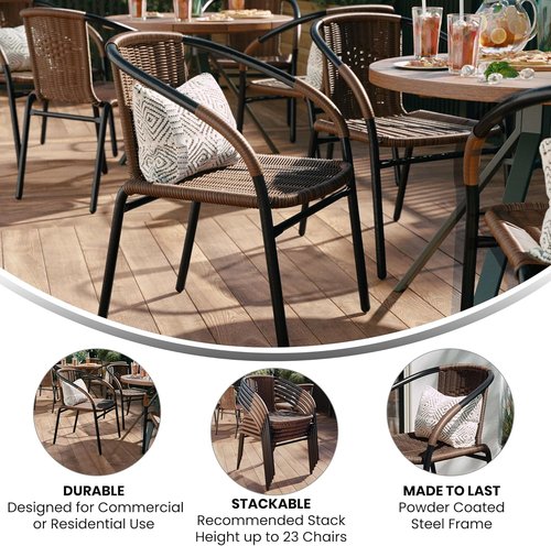 EMMA + OLIVER Modern Rattan Stack Chairs - Set of 2 Indoor/Outdoor with Curved Back, Brown