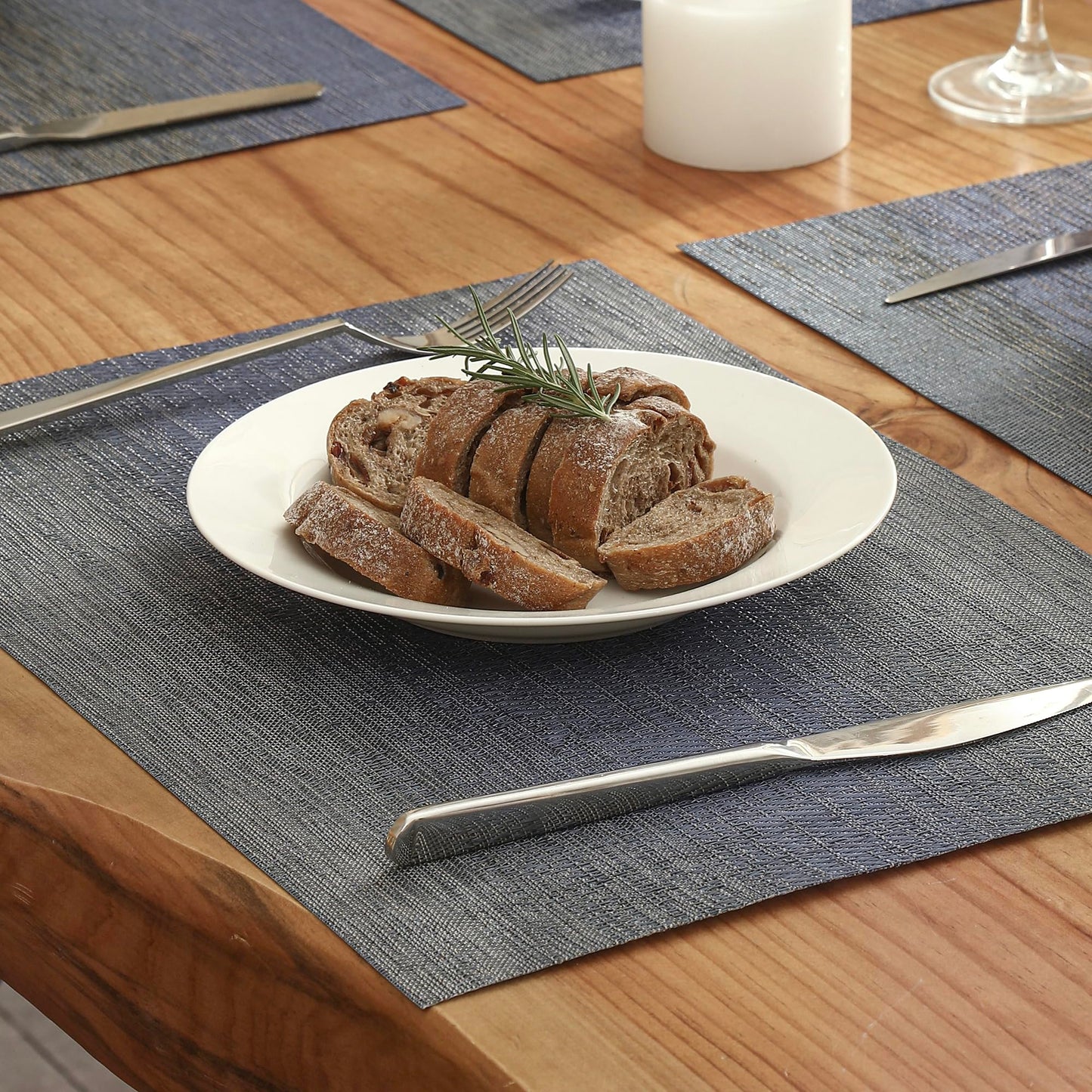 Leetaltree Denim Blue Placemats Set of 12 - Heat Resistant Non-Slip Place mats for Dining Table, Washable Durable PVC Vinyl Woven Table Mats（Denim Blue, 12）