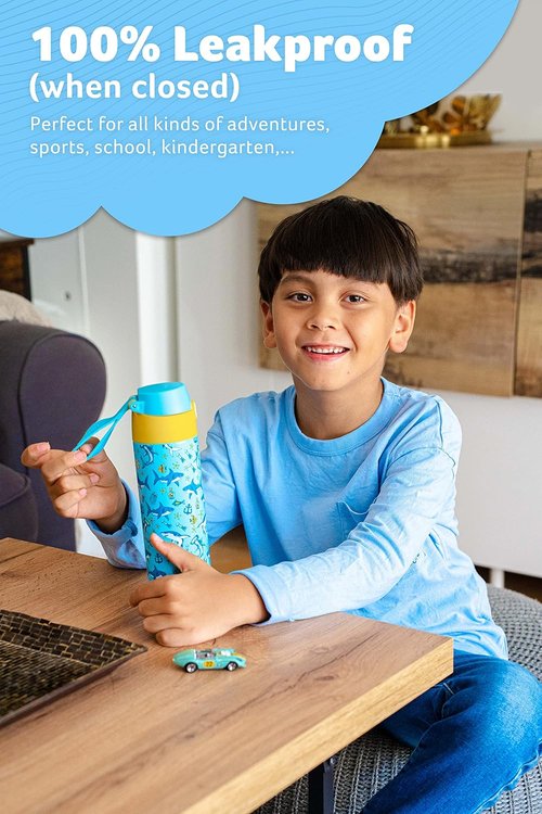 Jarlson® Kids Water Bottle MALI 18oz - Insulated Stainless Steel, Leak-Proof Design for School & Sports - Shark Print