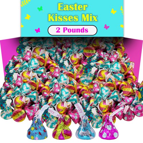 Easter Hershey Kisses Egg Hunt Candy, 2 Lbs Bulk, Individually Wrapped Milk Chocolate Kisses in Pastel Springtime Hippity Hoppity Foils, Easter Bunny Themed Egg Filler Candy, Easter Basket Stuffers