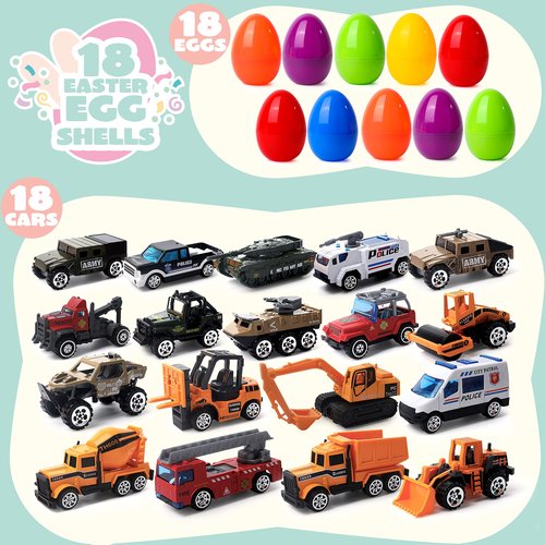 JOYIN 18 Pcs Jumbo Easter Eggs Filled with Die-cast Vehicles, City Cars and Trucks Toy Prefilled Egg for Kids Basket Stuffers, Party Favors and Easter Game